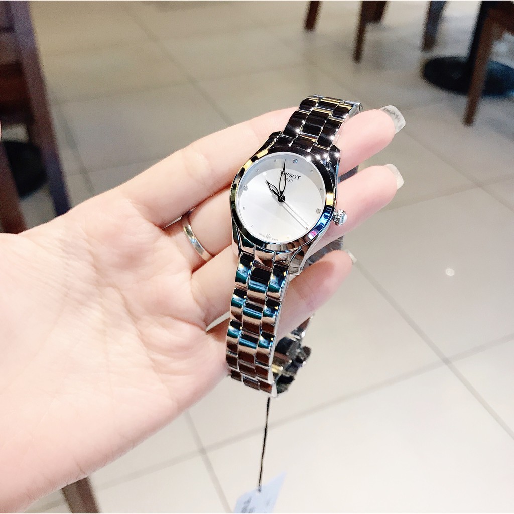 Đồng hồ Nữ Tissot 1853 T-Wave T112.210.11.036.00 Mặt trắng,Cọc số kim cương,Kính Sapphire-Máy Pin-Dây kim loại-Size 30mm