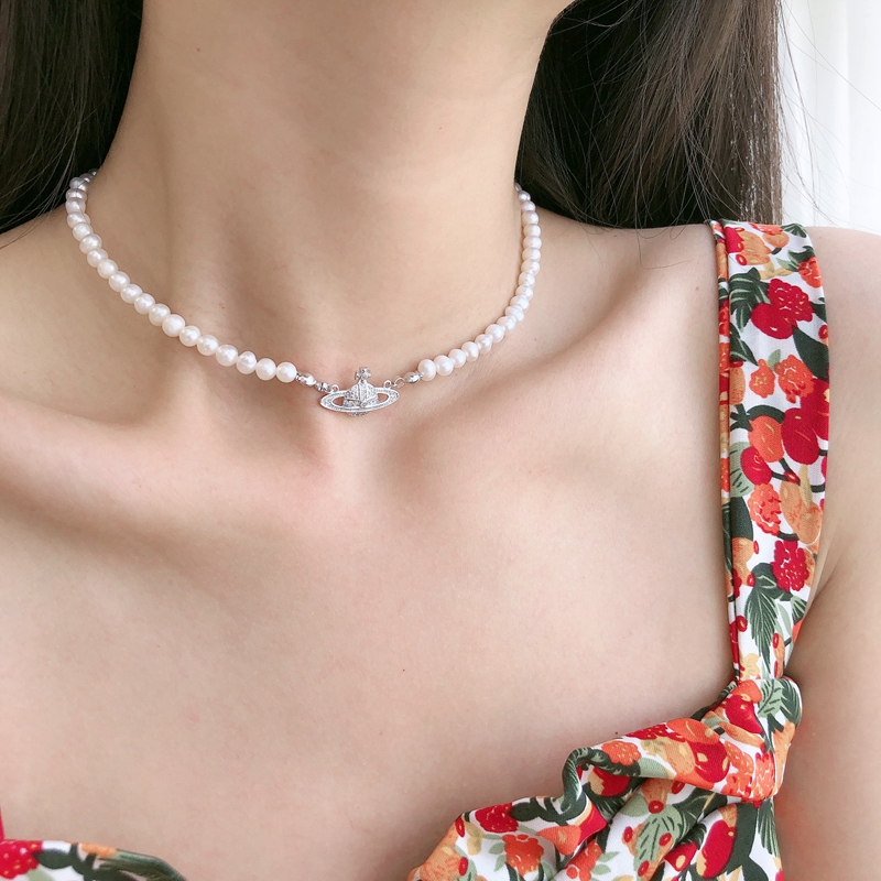 Vòng Cổ Choker Ngắn Đính Ngọc Trai Và Hành Tinh Phong Cách Retro Sang Trọng Cho Nữ