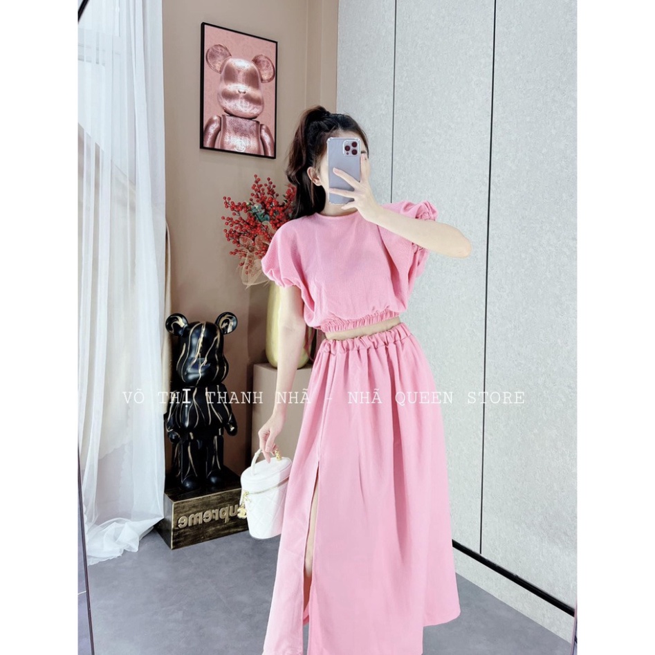 Set áo croptop chân váy đũi xẻ tà dáng dài sét váy áo siêu cá tính TH505 0322