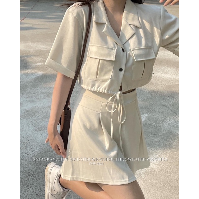 (Ảnh thật) Set linen áo croptop dây rút thắt eo kèm chân váy xoè A the.sweaterweather TSW