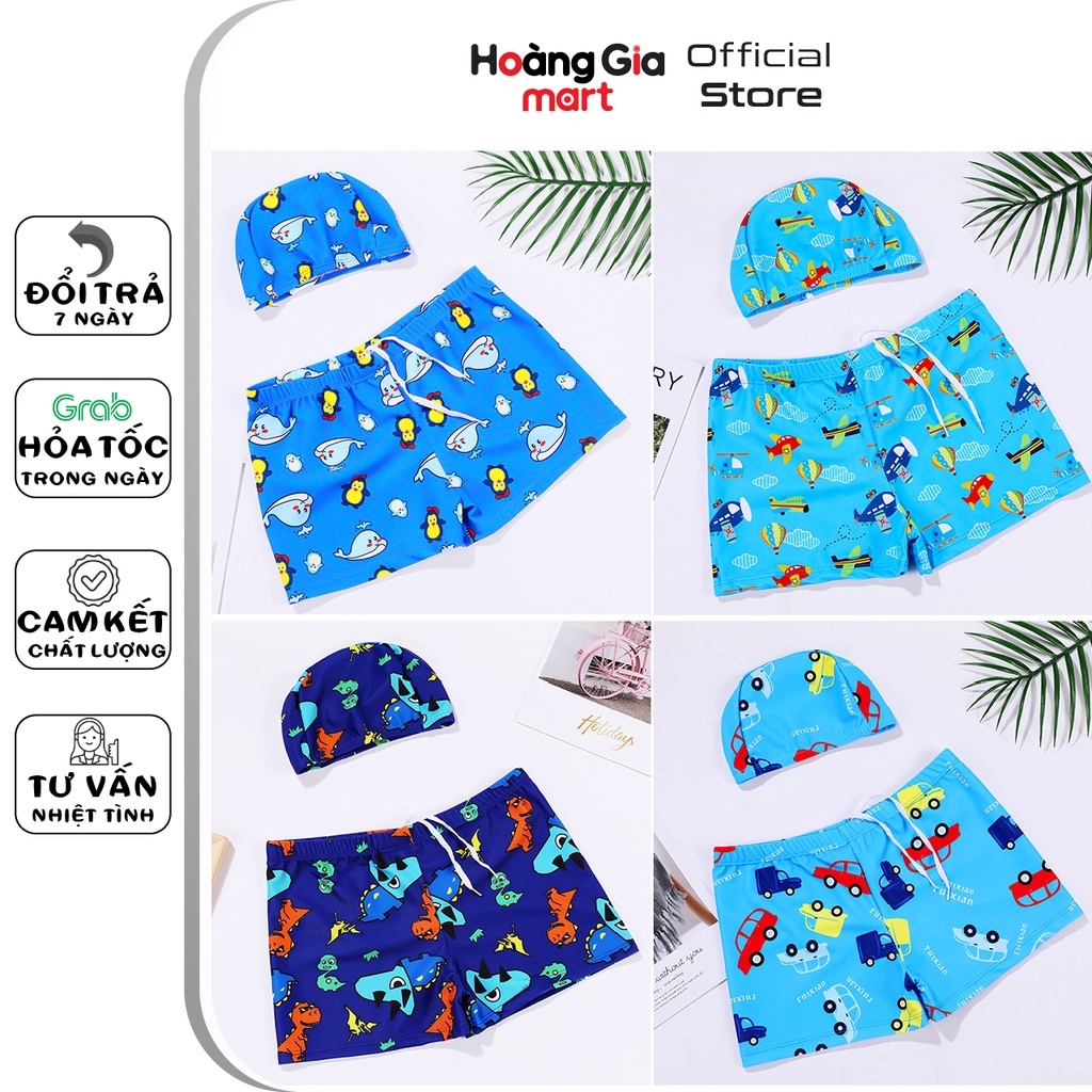 Quần bơi kèm nón trẻ em cho bé trai co giãn 4 chiều thoáng mát họa tiết xe hơi khủng long mã S14