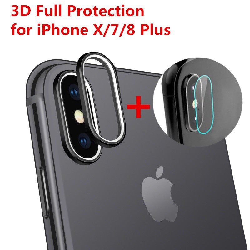 Miếng dán cường lực + vòng kim loại bảo vệ ống kính máy ảnh cho iPhone8 7 XR XS MAX 6 Plus