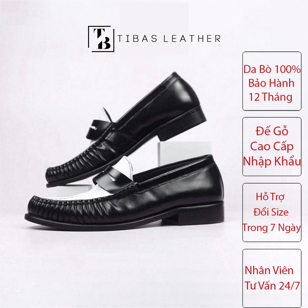 Giày Penny Loafer Black White TIBAS Da Bò Nguyên Tấm, Giày Sơn Tùng Đế Phíp Cao Cấp