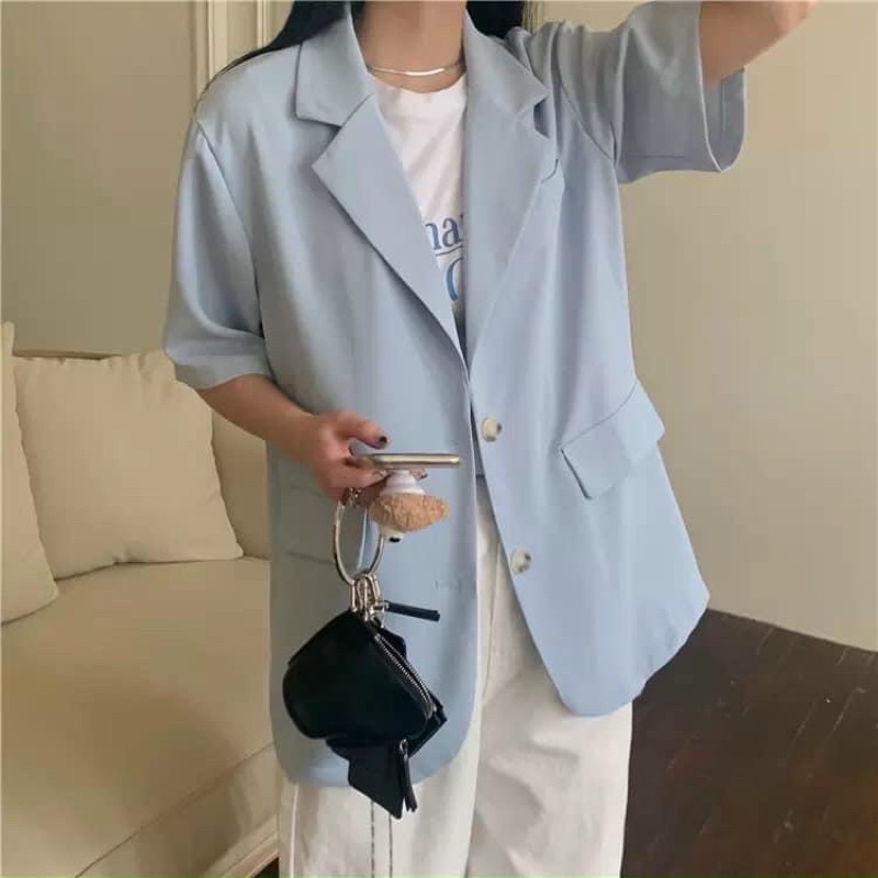 [Ảnh thật/Sẵn]Áo blazer ngắn tay nắp túi màu xanh trời/Áo vest ngắn tay Ulzzang