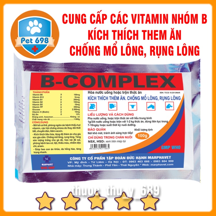 Gói 100g BCOMPLEX cung cấp các vitamin nhóm B, hỗ trợ tiêu hóa, nâng cao sức đề kháng, chống rụng lông, mọc lông nhanh