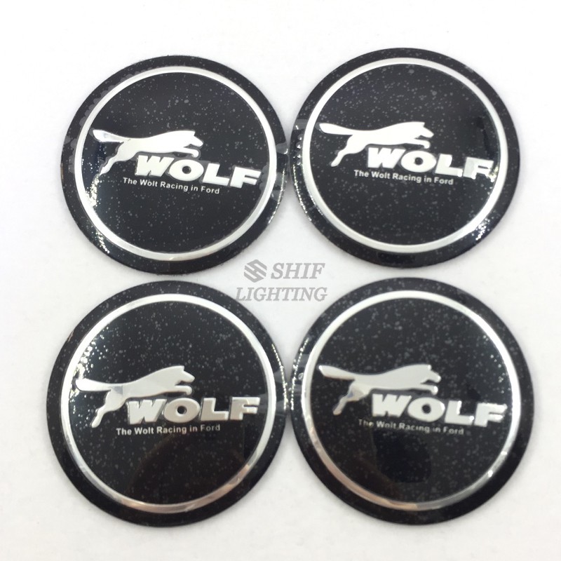 Bộ 4 miếng dán nắp giữa lốp xe hơi bằng hợp kim nhôm cao su họa tiết chữ Wolf đẹp mắt 56mm