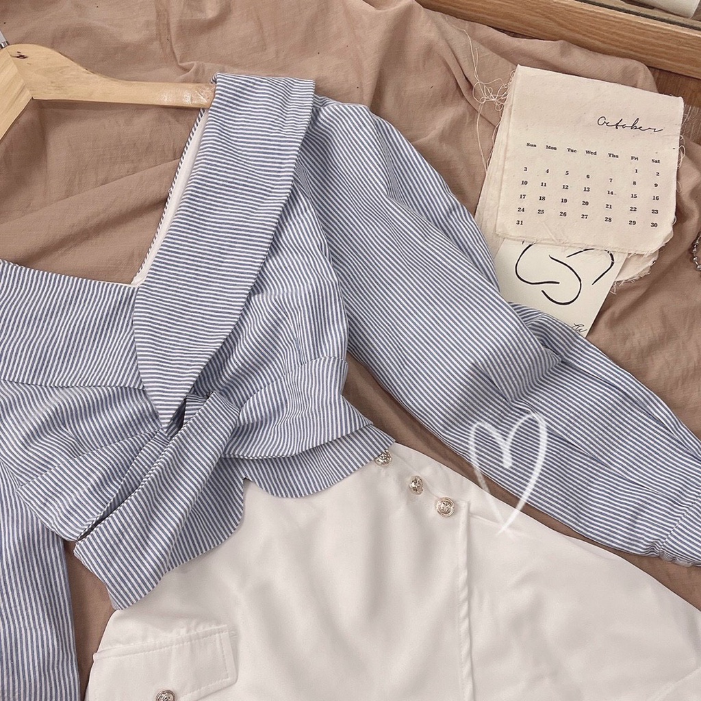 SET ÁO SỌC BẸT VAI + CHÂN VÁY NÚT TRẮNG