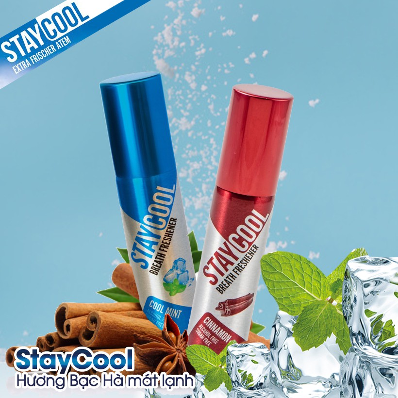 Bộ đôi xịt thơm miệng tức thì StayCool hương Bạc hà &amp; hương Quế nhập khẩu từ Anh Quốc