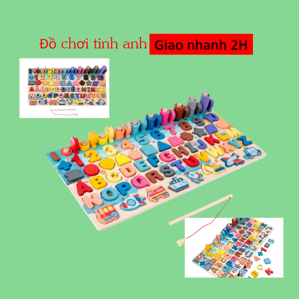 Đồ chơi gỗ thông minh 6in1- Bộ câu cá ghép hình chữ cái chữ số hình học cột tính và giao thông cho bé