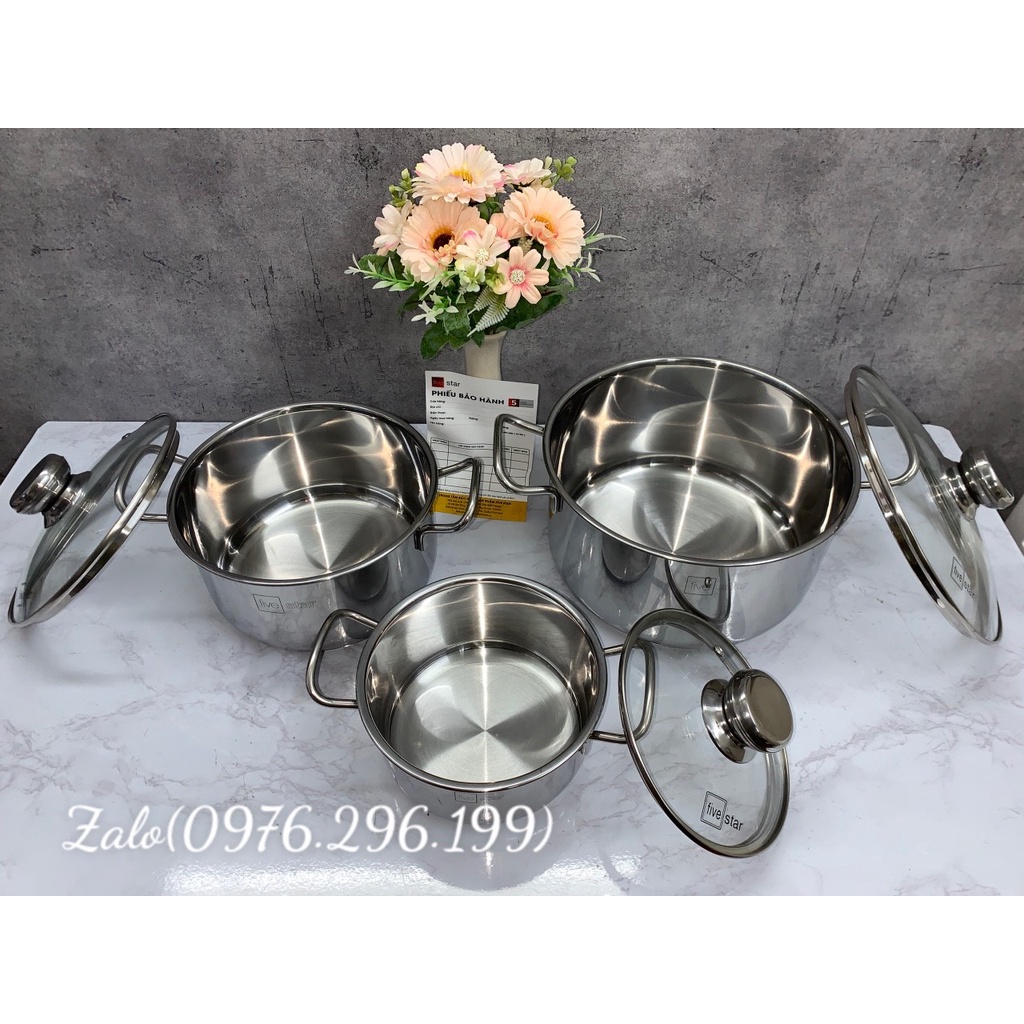 (Mã CHUT002 giảm 8%) Bộ 3 nồi inox 3 đáy nắp kính Fivestar FSB3IN004 - Hàng Chính Hãng