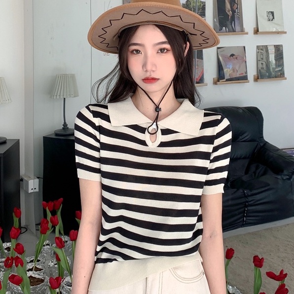 Áo Thun POLO Dệt Kim Ngắn Tay Họa Tiết Kẻ Sọc Thời Trang