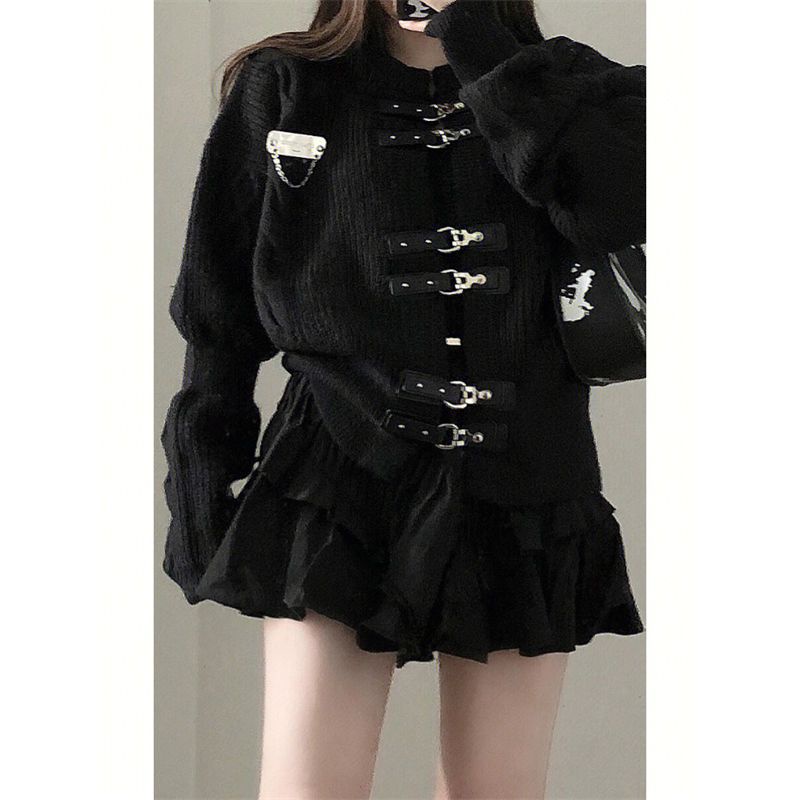 Bộ Áo Khoác Cardigan Dáng Ngắn / Váy Ngắn Dáng Chữ A Cài Nút Bằng Da Thời Trang Mùa Thu Cho Nữ