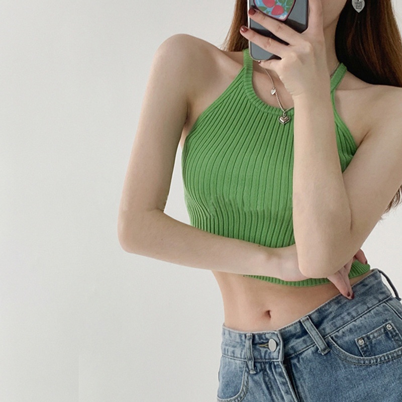 Áo Croptop Dệt Kim Không Tay Cổ Tròn Màu Sắc Đơn Giản Cho Nữ