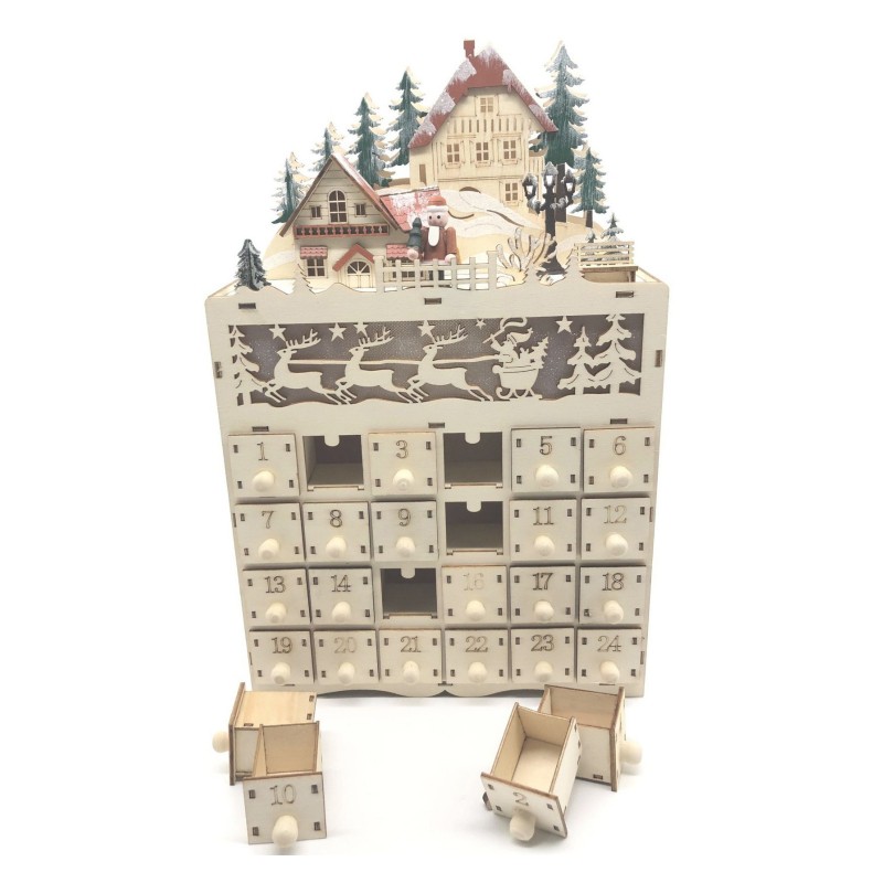 Christmas Wooden Advent Calendar Countdown Decoration 24 Drawers with LED Light