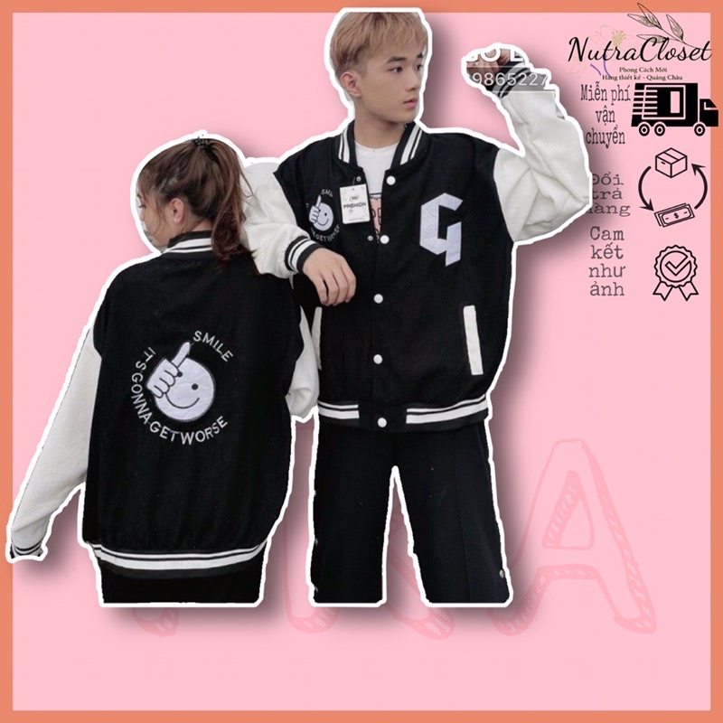 Áo khoác bomber bóng chày kaki nhung gân 2 lớp thêu unisex ulzzang nam nữ