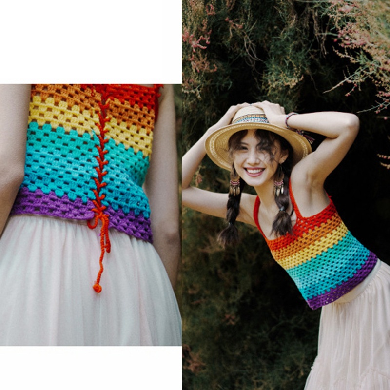 Brroa Áo Croptop Dệt Kim Hai Dây Màu Cầu Vồng Ngọt Ngào Phong Cách Boho Mùa Hè Cho Nữ