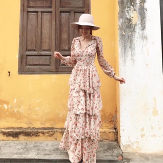 ‼️đầm maxi tầng tay dài hoa nhí