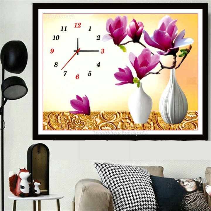 Tranh đính đá, Tranh thêu chữ thập Bình hoa ngọc lan_ đồng hồ 68x50cm LV057, LV3040 - tự thêu, tự đính)
