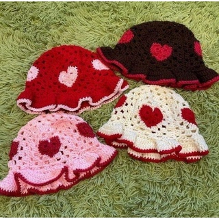 Nón len trái tim handmade, nón len Heart Granny Square Crochet, Bucket Hat Crochet