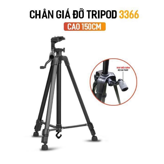 Chân Giá Đỡ Điện Thoại Máy Ảnh 3 Chân Tripod 3366 Cao 1m5 Có Tay Cầm Quay Phim, Chụp Ảnh, Livestream, Tiktok