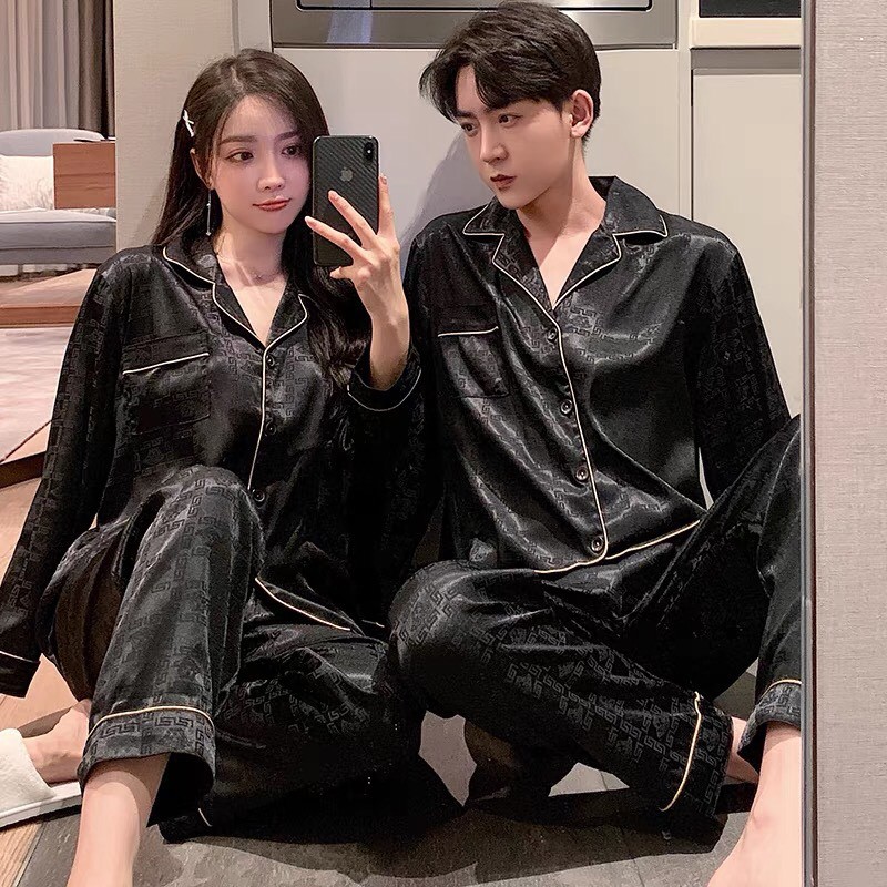 Bộ mặc nhà nam nữ dài tay màu đen chất lụa mát - Pyjamas mặc đôi couple