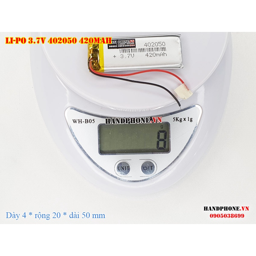 Pin sạc Li-Po 3.7V 420mAh 402050 (Lithium Polyme) cho Loa Bluetooth, Camera Hành Trình, Khoá Vân Tay, Chuột Máy Tính