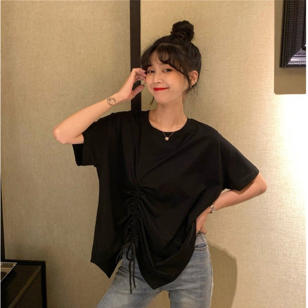 Áo thun 88046 dây rút dáng rộng ngắn tay thiết kế không đều thời trang mùa hè dễ thương