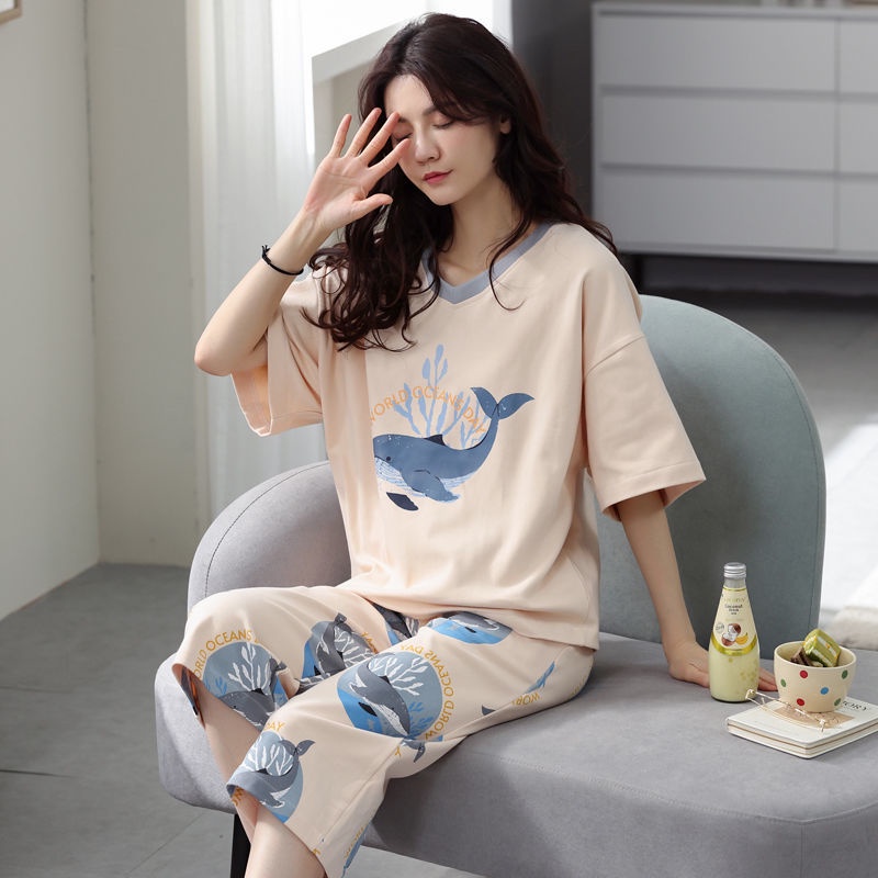 Bộ Đồ Ngủ Pijama Tay Ngắn Vải Cotton Thời Trang Mùa Hè Cho Nữ (40-100kg)
