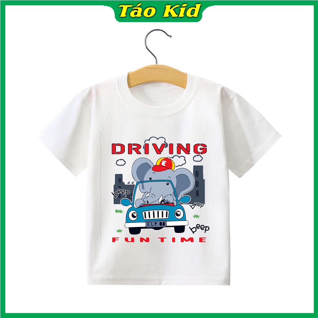 Áo thun bé trai bé gái cộc tay Táo Kid chất cotton in hình Voi Lái Xe từ 0 đến 10 tuổi hàng VNXK TA76