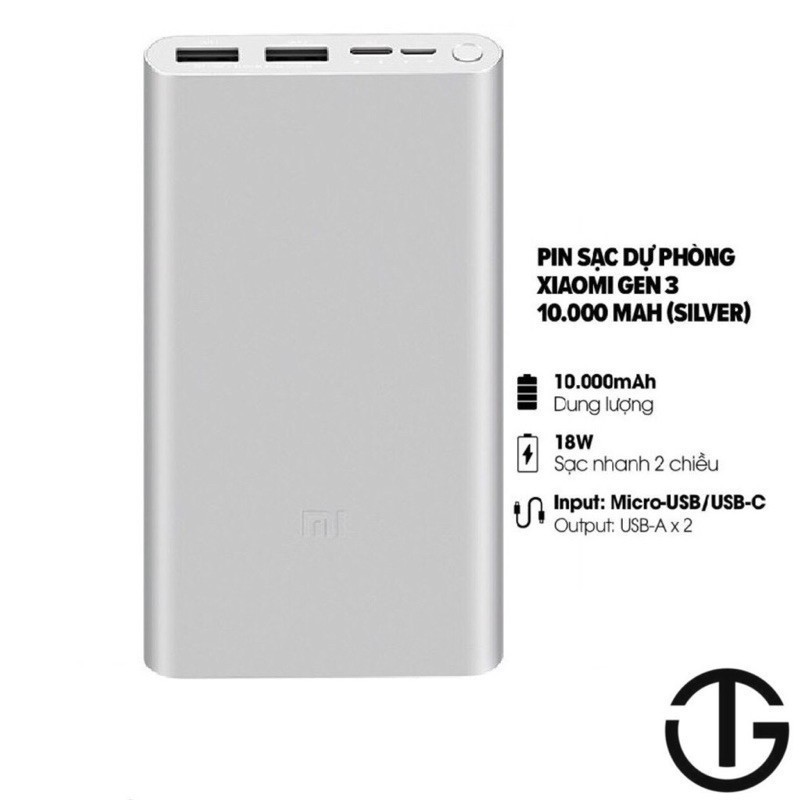 Pin Sạc Dự Phòng Xiaomi Gen 3 10.000 mAh Phiên Bản Nâng Cấp Xiaomi Gen 2S - 2 Cổng USB và 1 Type C (Bảo Hành 12 Tháng)