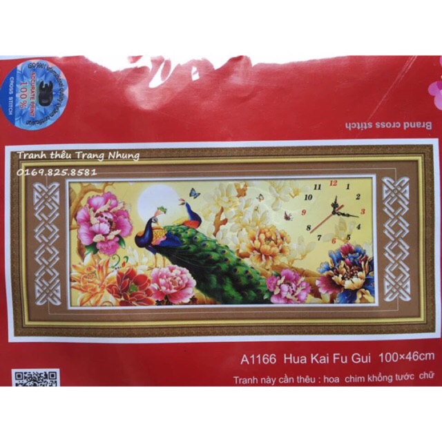 Tranh thêu chữ thập, ĐH Khổng Tước,A1166, 100x46cm chưa thêu