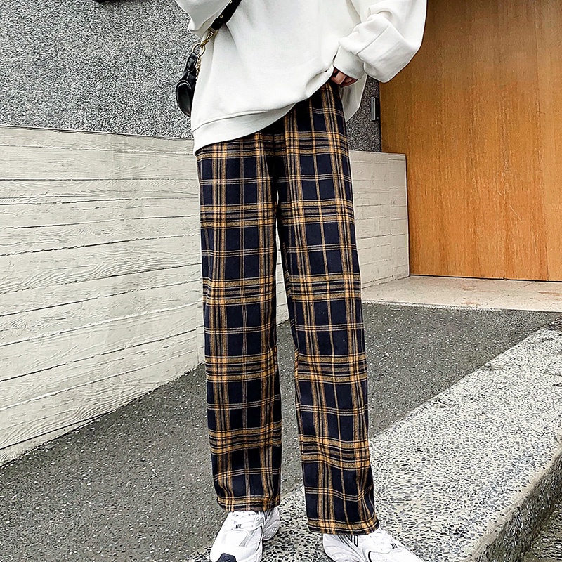 Quần dài SUXI lưng cao ống rộng kẻ sọc caro phong cách Hàn Quốc