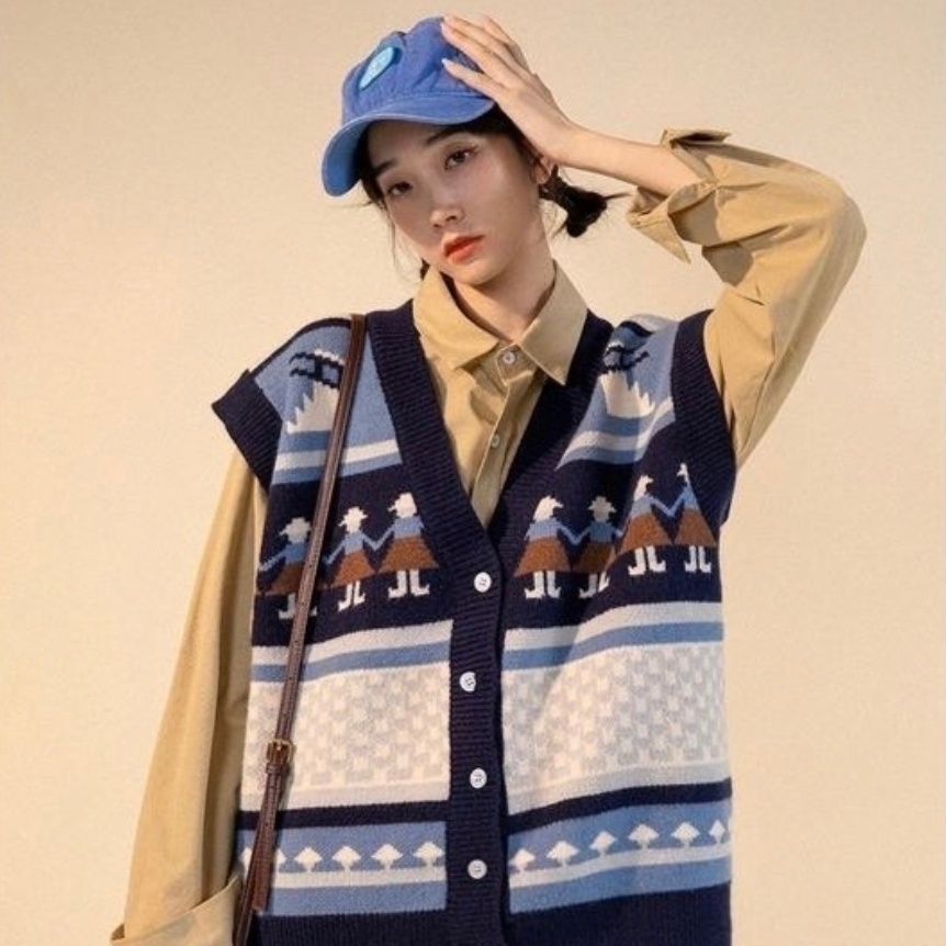 Áo len không tay cổ chữ V thiết kế mới phong cách vintage thời trang cho nữ