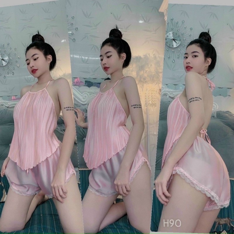 Set yếm dập ly - đồ ngủ sexy chất lụa siêu mát