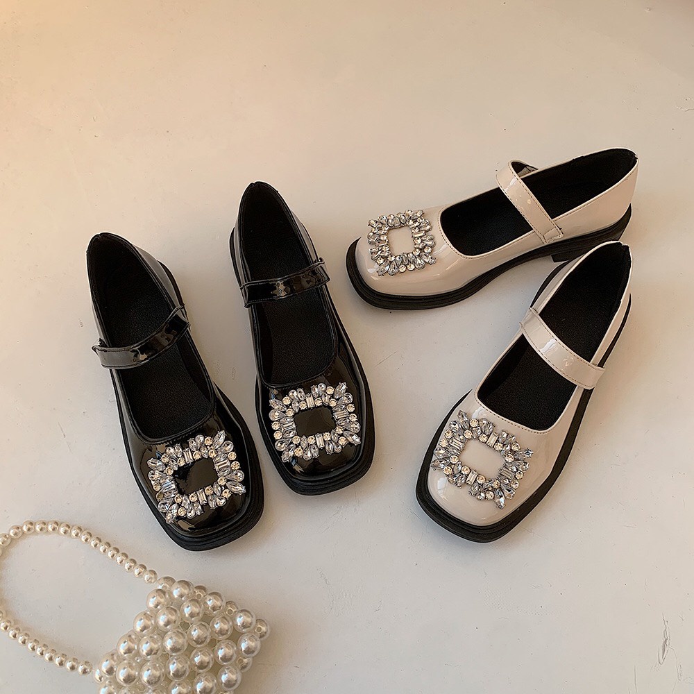 Giày búp bê nữ lolita đính nơ đá mũi vuông da mềm đế êm phong cách Ulzzang thời trang mã V80