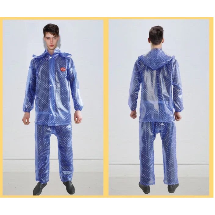 Áo mưa chấm bi (1058)  (còn màu xanh tím) - Nilon loại dày dai bền. Bộ quần áo gồm 1 áo 1 quần