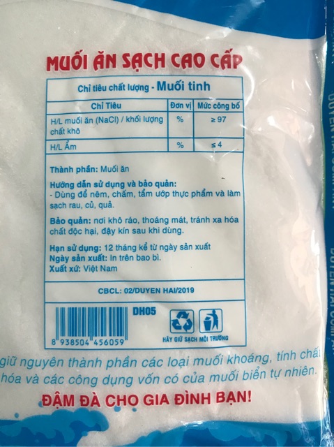 Muối tinh cao cấp Duyến Hải gói 500g (hạt nhỏ mịn)