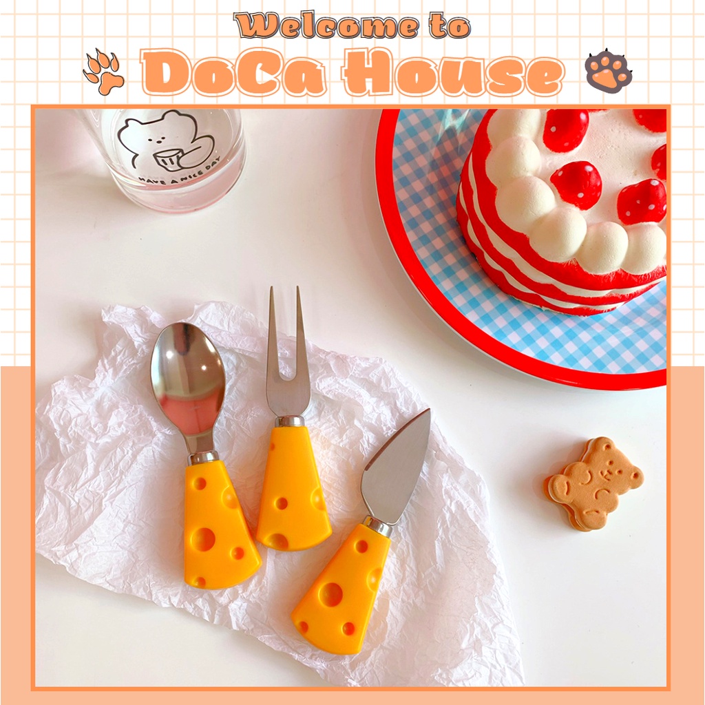 Bộ dao, thìa (muỗng), dĩa mini hình phomai siêu cute ăn hoa quả, bánh ngọt, phụ kiện chụp ảnh đồ ăn DC38