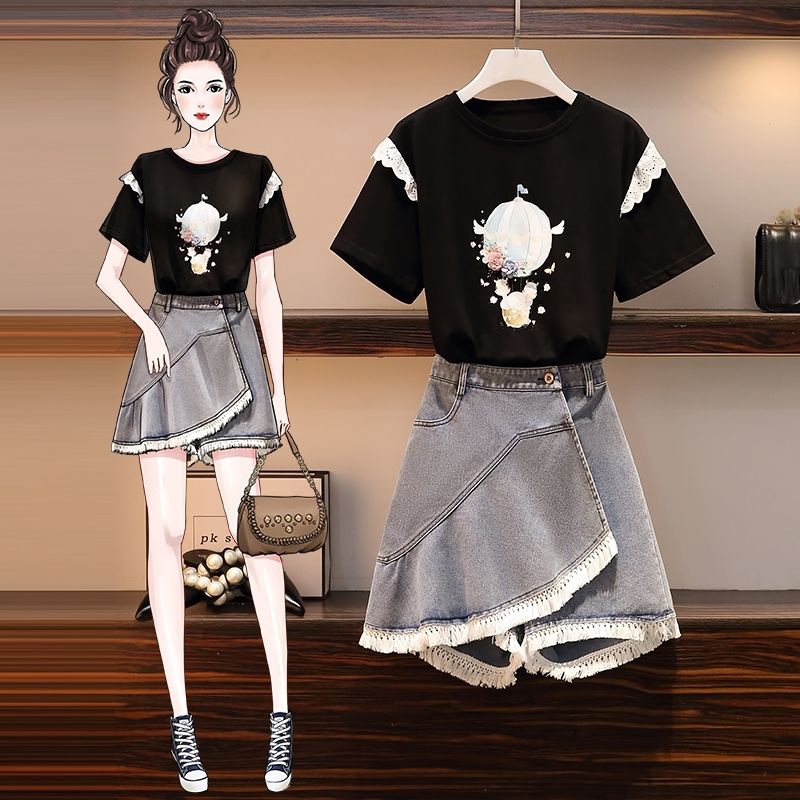 Set Áo Thun Ngắn Tay Cổ Tròn + Quần Short Denim Giả Váy Thời Trang Nữ
