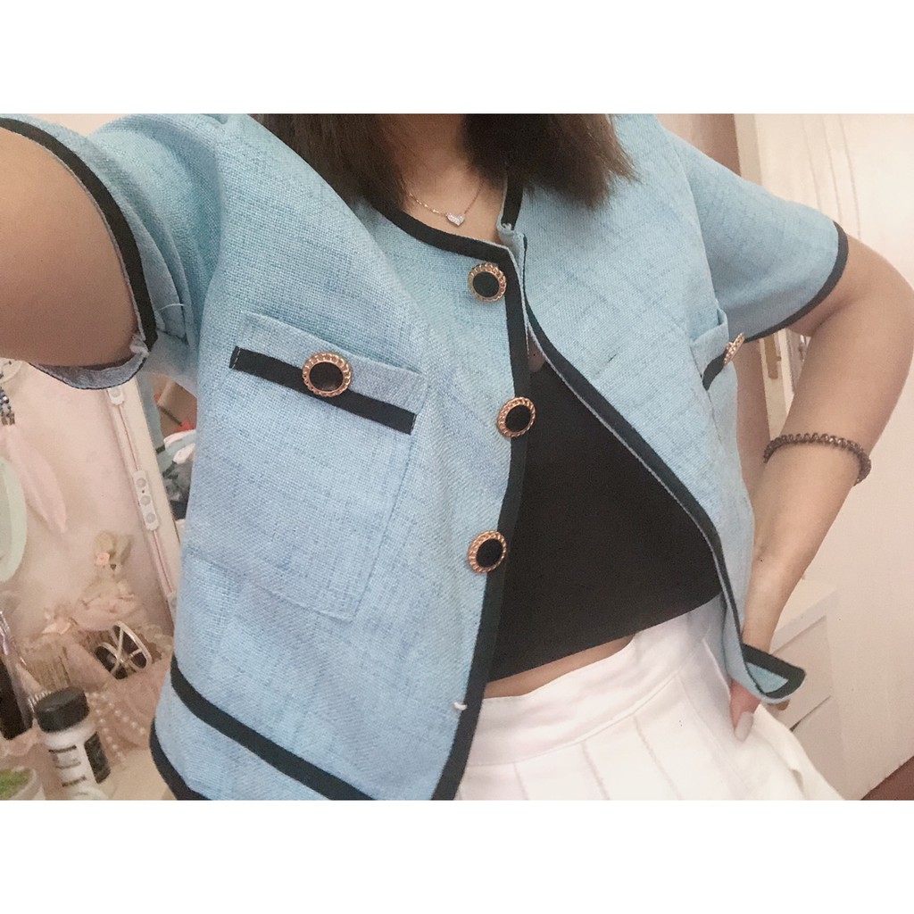 Áo kiểu cổ tròn túi 2 bên ngực nút đen sang chảnh (có hình thật) | BigBuy360 - bigbuy360.vn