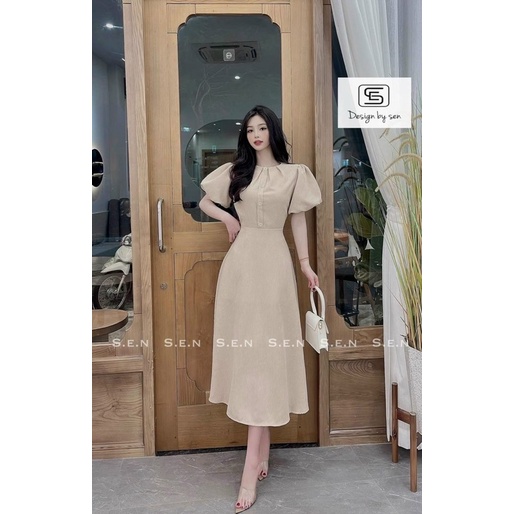 Đầm thời trang nữ mặc đi chơi chất tăm nhung cao cấp y mẫu cổ tròn tay ngắn phồng đính nút dáng váy xoè dài
