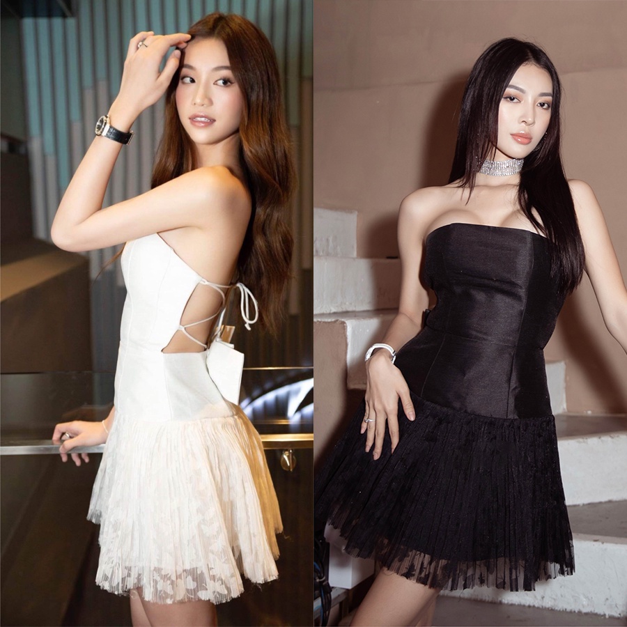 Đầm ren đi dự tiệc cưới thiết kế cúp ngực, dáng xòe, đan dây lưng