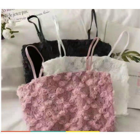 Áo bra ren 2 dây dáng croptop ren hoa hồng 3D nổi cực xinh