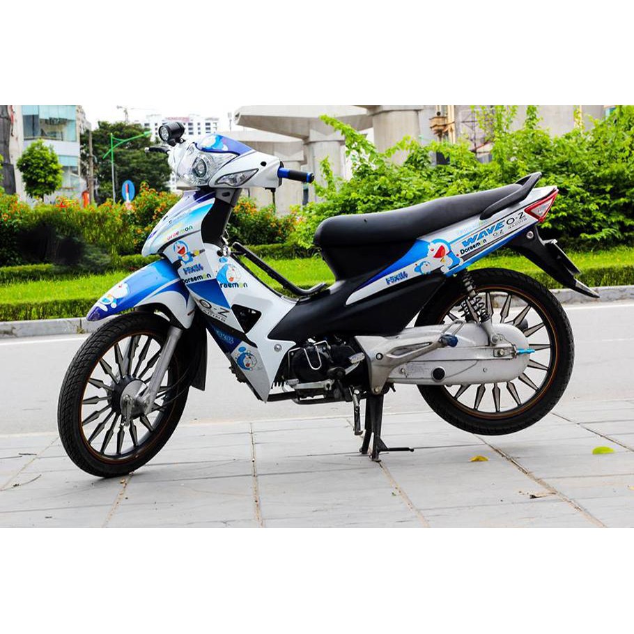 Tem trùm wave doremon xanh trắng alpha 100, độ phủ bộ team decal cho xe máy rẻ đẹp