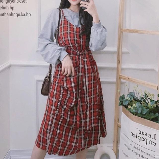 Set đầm suông yếm cotton caro 2️⃣ dây , tùng rút ply + belt + AT TD lai bo