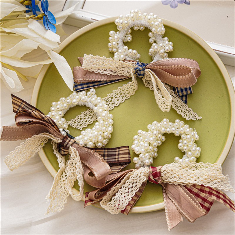 Dây Cột Tóc Co Giãn Cao Phối Ren Đính Ngọc Trai Thiết Kế Mới Thời Trang Hàn Quốc Cho Nữ