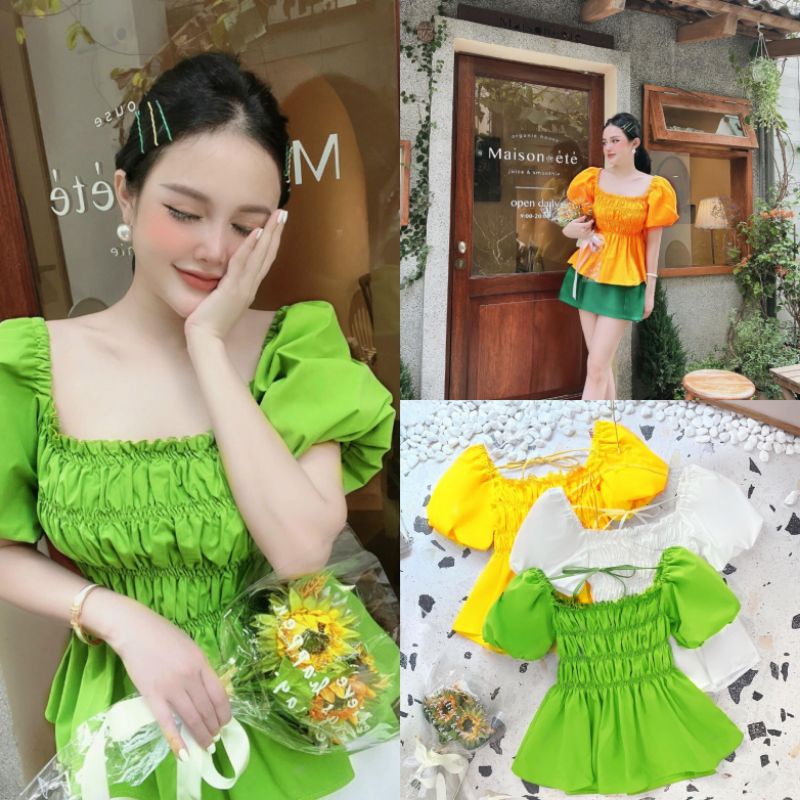 Áo Kiểu Nữ Ms.1237 Áo Thiết Kế Cổ Vuông Tay Bồng Chạy Chun Thân Đuôi Cá Ngắn Chất Thô, 3 Màu Tôn Da