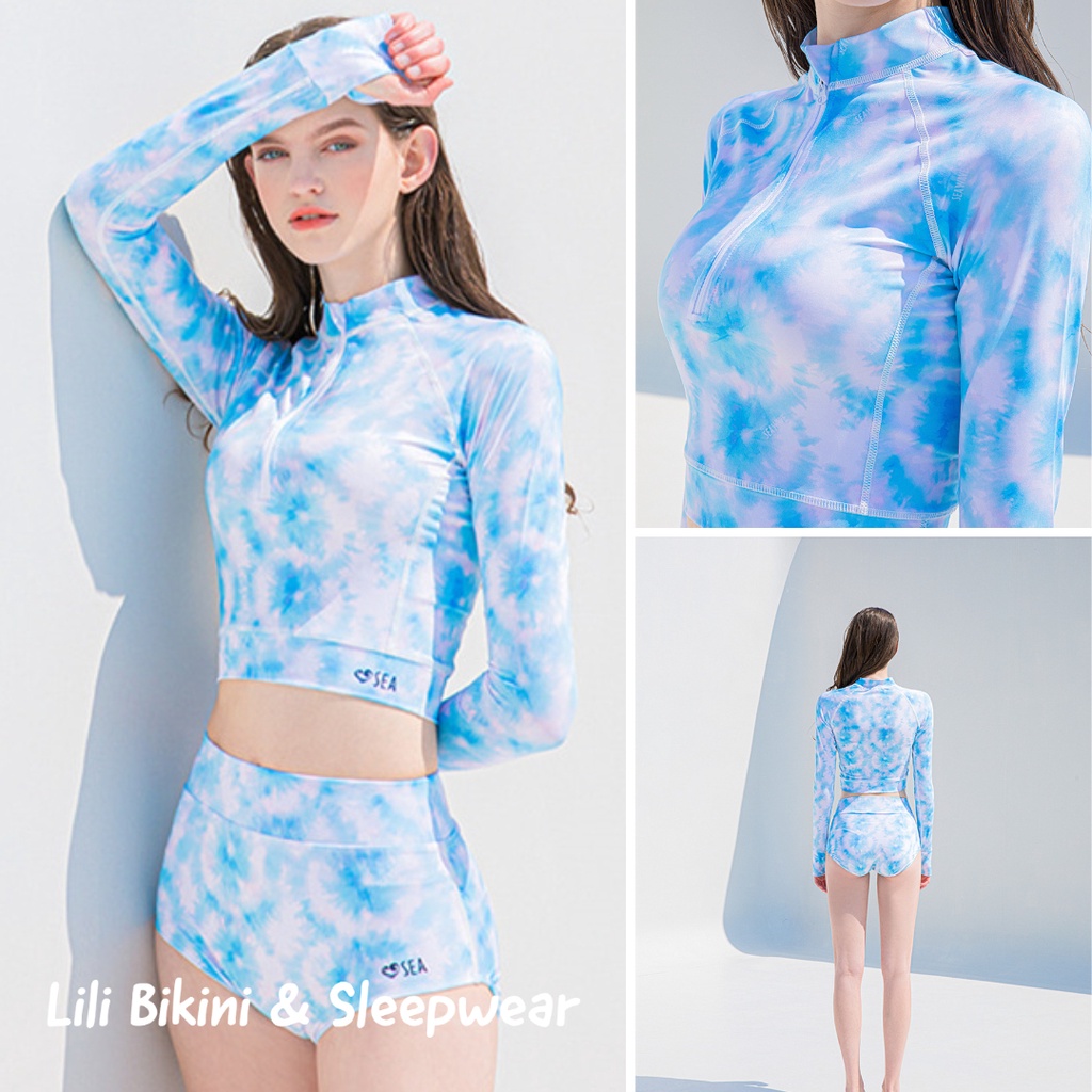 Bikini, đồ bơi tay dài đồ đi biển chống nắng, 2 mảnh quần cạp cao che bụng kín đáo Hàn Quốc 2022 mới