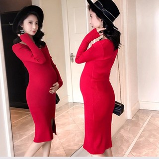 Đầm Bầu Thu Đông - Váy Len Ôm Cổ Tim (Đỏ)