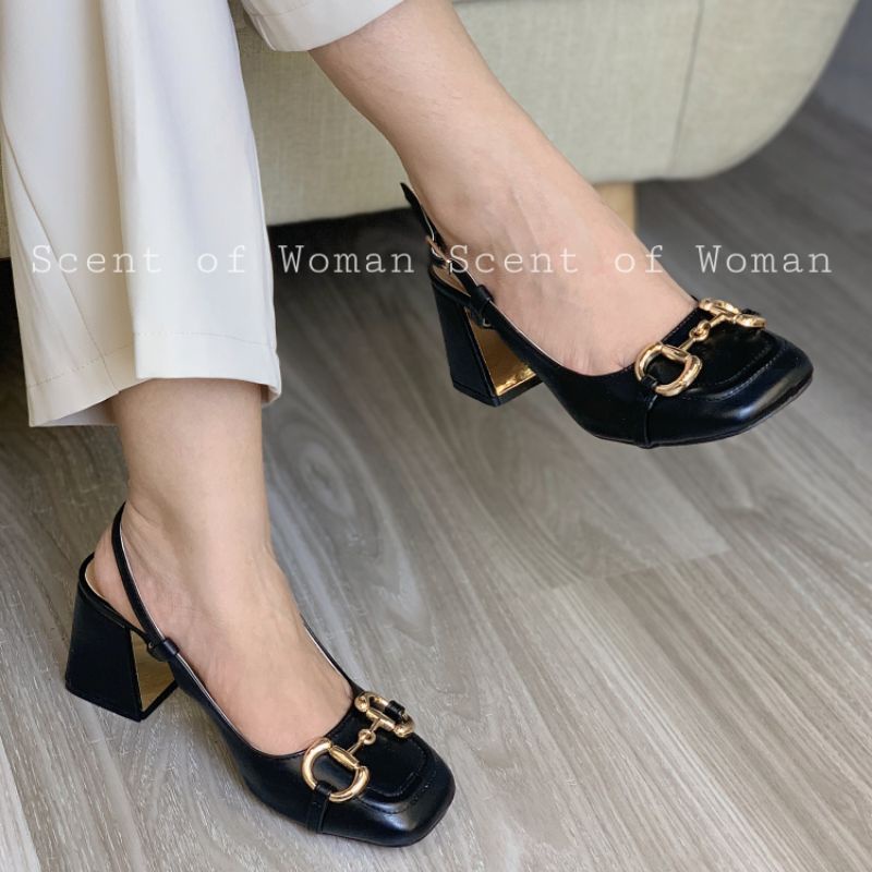 Giày cao gót nữ mũi vuông gắn khoá thời trang gót trụ cao 7.5cm